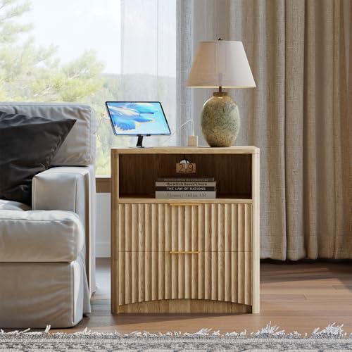 Image of Evermagin Fluted Nightstand with Charging Station, Natural Oak Bedside Table with 2 Drawers, Wood End Table with Storage Mid Century Modern, Large Night Stand for Bedroom