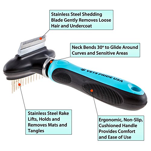Vets Pride Usa 2-In-1 Deshedding Comb & Undercoat Rake - Flexible Neck Bends Up To 30° - Grooming Tool With Deshedder Brush & Rake For Dematting - Detangler That Removes Both Matted & Shedding Hair #TOP4