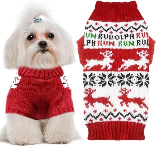 TENGZHI Dog Sweaters Christmas Outfits Costume Puppy Cat Winter Warm Knitwear Pullover Sweatshirt Pet Clothes(Running Reindeer,XS)