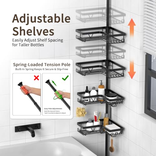 Image of KEGII Corner Shower Caddy Tension Pole - Shower Tension Rod Organizer, Floor to Ceiling Shower Caddy 25-114.2 inch, Towel Rack Corner Waterproof, Black