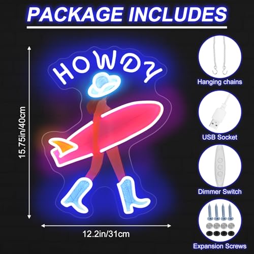 Image of Howdy and Aloha Cowgirl Surf Girl Neon Sign, Howdy Cowgirl wall decor LED Light, Girly Wall Art Neon Sign, Coastal Cowgirl Brown Haired, 11.9 inchx16.5 inch