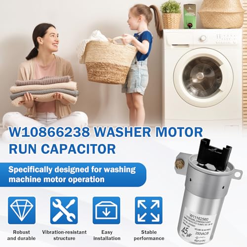 Image of W11428524 Washer Motor Run Capacitor 45uF 250VAC 50 /60Hz 10000AFC Compatible with Whirlpool Kenmore Maytag Amana Washer Capacitor Replace W10866238 W11162561 W11175257 AP6981681 PS12745632