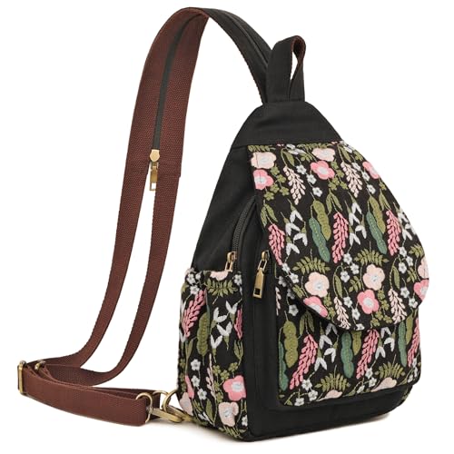 Image of SILKAREA Boho Embroidered Sling Backpack for Women Canvas Travel Chest Bag Flowers Multi-purpose Backpack Purse Shoulder Bag(Embroidered Black)