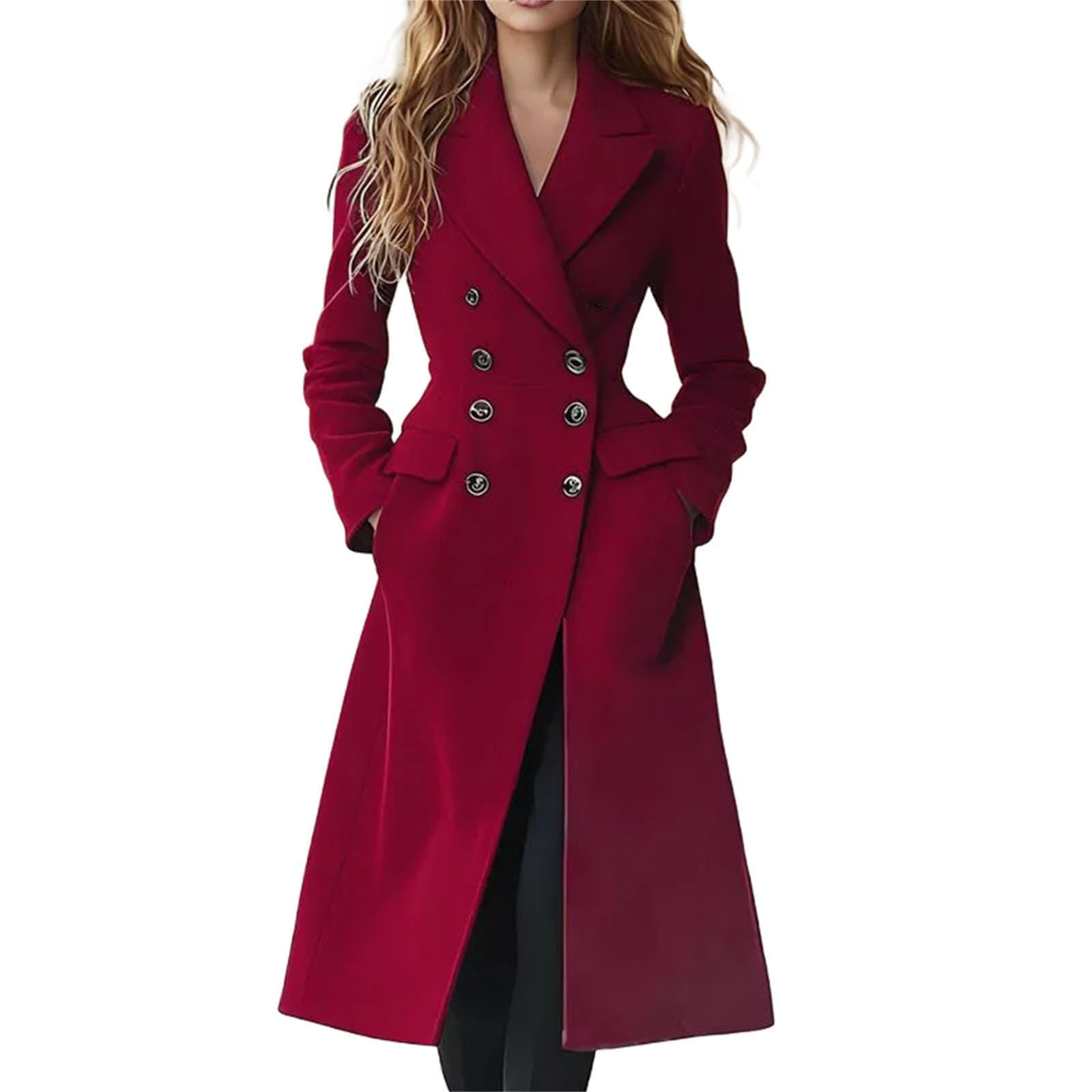 Womens Lapel Long Sleeve Trench Coat Temperament Solid Pocket Double Breasted Elegant Commute Slim Outerwear