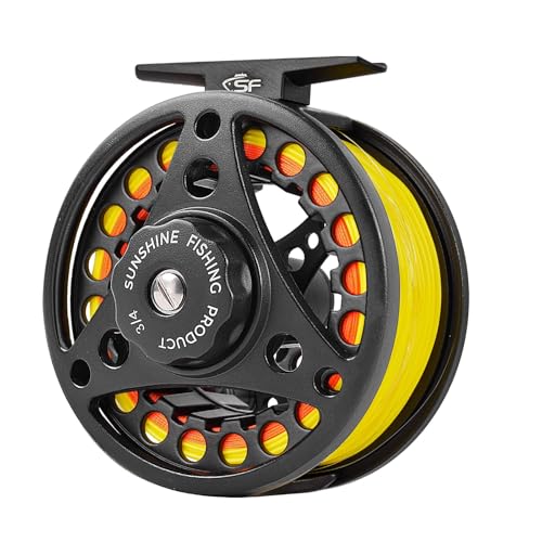 SF Large Arbor Fly Fishing Reel - 3/4wt Aluminum Alloy Body Die-Cast Matt Black Pre-Loaded Reel with Line Combo Fluorescent Yellow Line