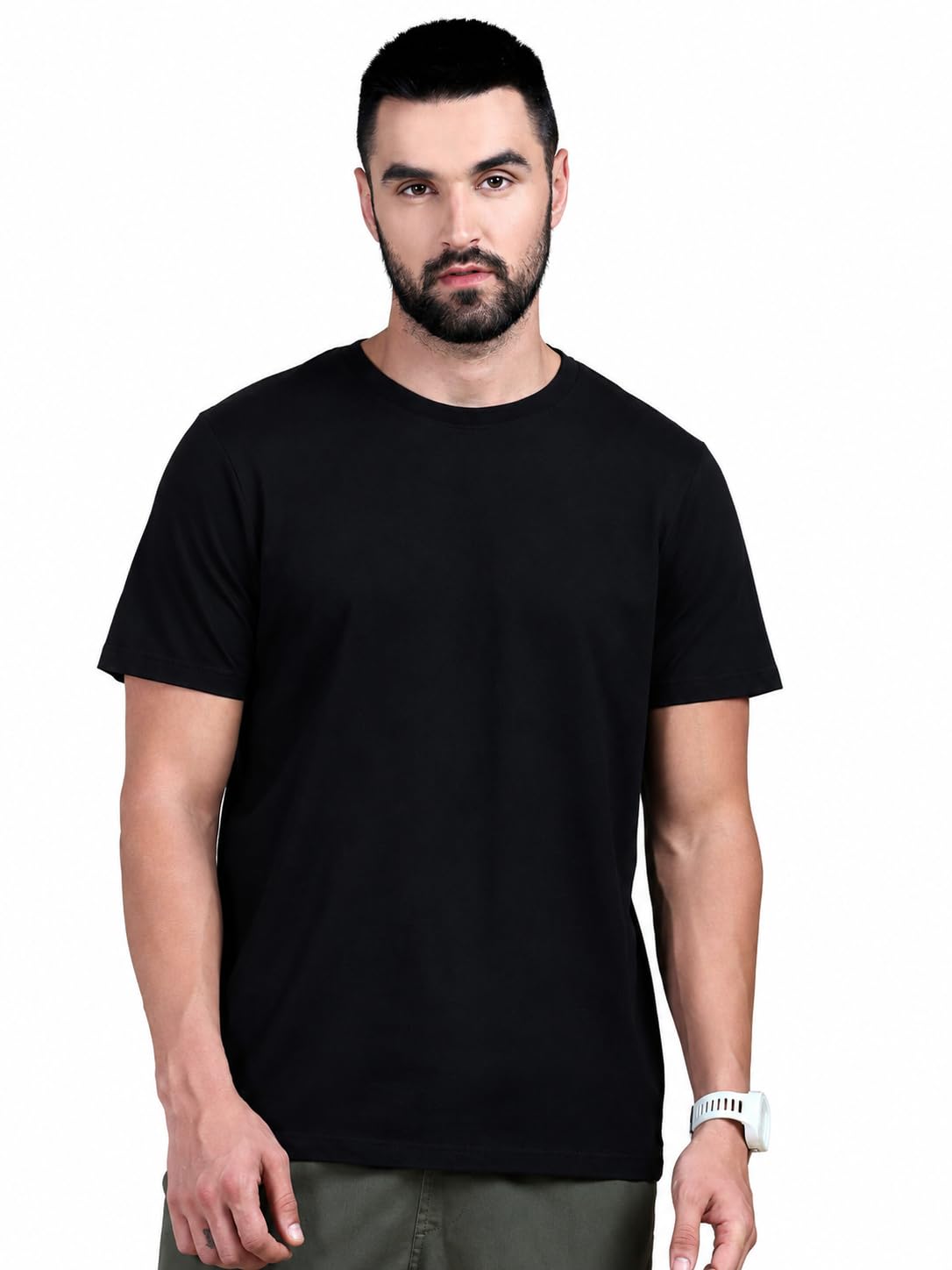 Men Solid Black Cotton T-Shirt | Regular Fit Crew Neck Half Sleeve Casual Basic Tee-image-30
