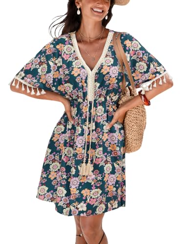 Image of CUPSHE Women Tassel Trim Summer Dress V Neck Lace Short Sleeve Paisley Boho Casual Sundress Holiday Beach Mini Dress