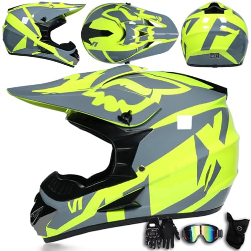 Casco Integral MTB con Gafas, Guantes y máscara para Adultos, para Motocicleta, Motocross, Descenso, Quad, BMX, ATV, Scooter, Casco de Moto Todoterreno, Equipo de protección,Color K-M(54~55CM)