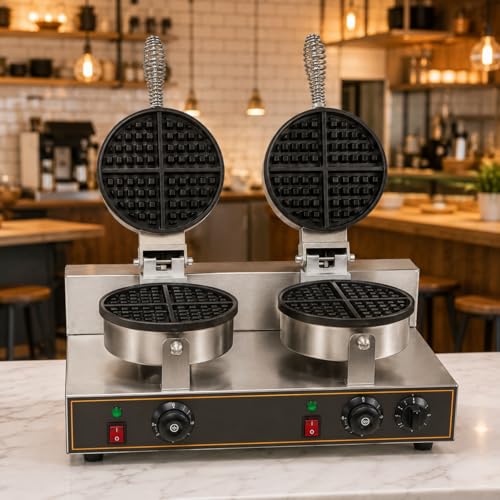 Image of Double Head Round Belgian Waffle Machine, Commercial Electric Waffle Maker Machine, Professional Belgian Waffle Baker for Cafe Bakery