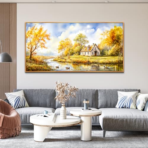 ERQINHUA Large Wall Art For Living Room Canvas Wall Decor For Bedroom Office Dining Room Yellow Pastoral Creek Landscape Painting Prints Pictures Farmhouse Home Wall Decoration 30"x60" Wood Frame
