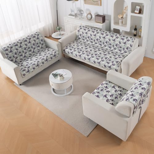 Image of HOKIPO Lavender Vine Quilted Sofa Cover 6 Seater with Tassels Set - Washable 3+2+1 Sofa Panel for Seat & Back | 'Tassel Twigs' Series (IN-991-T1 + IN-990-T1 + IN-989-T1)