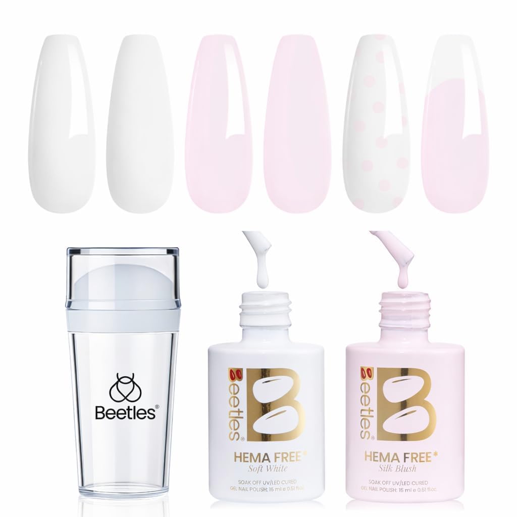 Beetles French Tip Gel Polish - Peach Mousse 15ML Full Size with French Tip Stamp, Hema Free White Light Pink Gel Nail Polish, Soak Off UV LED Lamp French Nail Kit Art for Summer Nails