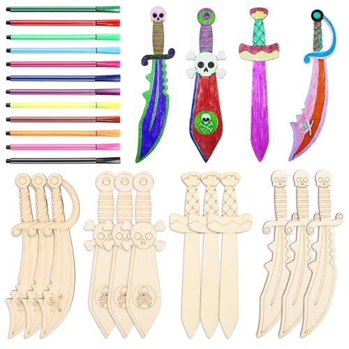 Yooyan 12 Stück Piratenschwerter aus Holz - Zum Bemalen Kreatives Piratensäbel Holzschwert Kinder Piraten Schwert Holzbastelset Geschenk Karnevalsgeschenke für Jungen und Mädchen DIY Malen Dekoration