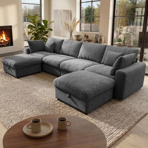 Image of Ihanherry 141 inch Oversized Cloud Sectional Couches for Living Room, Modular Sectional Sofa with Wide Deep Seat, U Shaped Couch with Throw Pillow and Storage Ottoman, Dark Grey