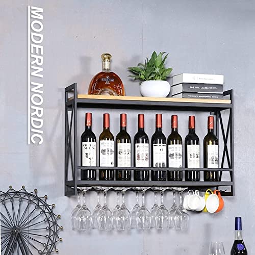 Casier à vin mural support bouteille vin métal bois décoration verres suspendus