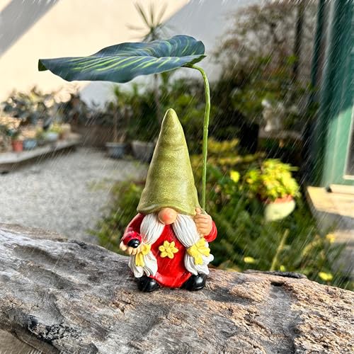 WSHMZYHOME Garden Female Gnome Statue Decoration with Leaf Umbrella, 6.5” ...