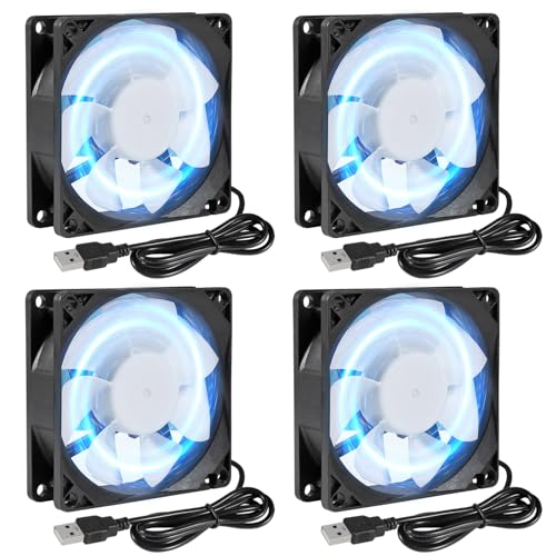 Lot de 4 ventilateurs 80 x 80 x 25 mm - 80 mm - Pour ventilateur CC - 5 V - 80 x 80 x 25 mm - USB 8025 - LED bleue - Sans balais - 8 cm - Pour boîtier PC -...