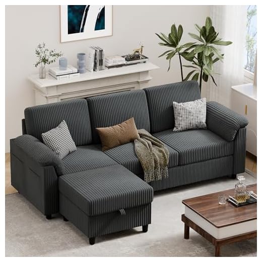 Vongrasig 79" Convertible Sectional Couches Sofa with Storage Ottoman, 3 Seat L Shaped Couch with Side Storage Pockage, Linen Fabric Small Couches for Living Room, Apartment and Small Space, Grey