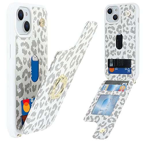 Image of for iPhone 14 Plus Case with Card Holder and Strap for Women,Crossbody Lanyard,RFID Blocking,Stand Ring Kickstand,Snap Clasp,Cute Phone Wallet Cases 6.7 inch(White Leopard)