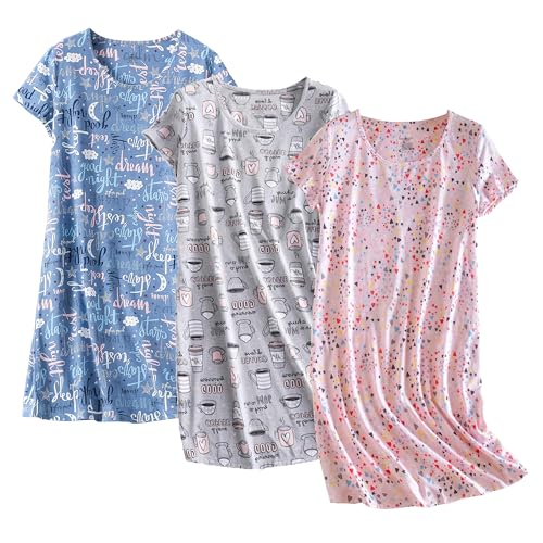 Image of PNAEONG 3 Pack Women's Cotton Nightgown Short Sleeve Shirt Print Sleepdress