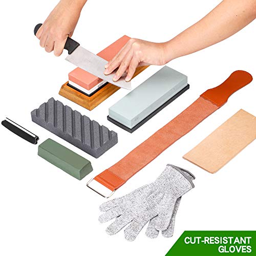 Complete Knife Sharpening Stone Kit–400/1000 and 3000/8000 Grit Whetstone set, Professional wet stone sharpeners kit with Flattening Stone, Leather Strop, Angle Guide, Gloves and Non-slip Bamboo Base