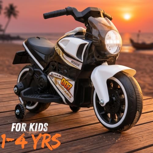 Image of MEKASHI 6V Electric Ride-On Bike for Kids with Bluetooth Music (White) | Realistic styling with LED headlight, rechargeable battery & smooth ride performance for toddlers aged 1-4 years