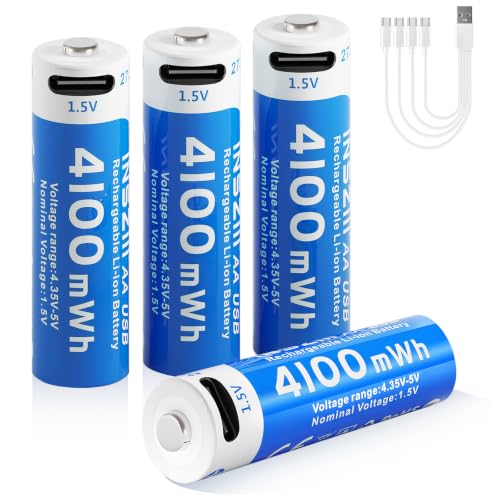 insziii 4100mWh Rechargeable Lithium AA Batteries 4 Pack 1.5V USB Double A Lithium-ion Batteries AA Size Long Lasting 1200 Cycles High Capacity Battery for Toys Flashlight Smart Door Lock