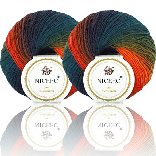 Image of 2 Skeins Rainbow Soft Yarn 100% Wool Gradient Multi Color Yarn for Crocheting Knit Total Length 180mx2(196ydsx2,50gx2)-10