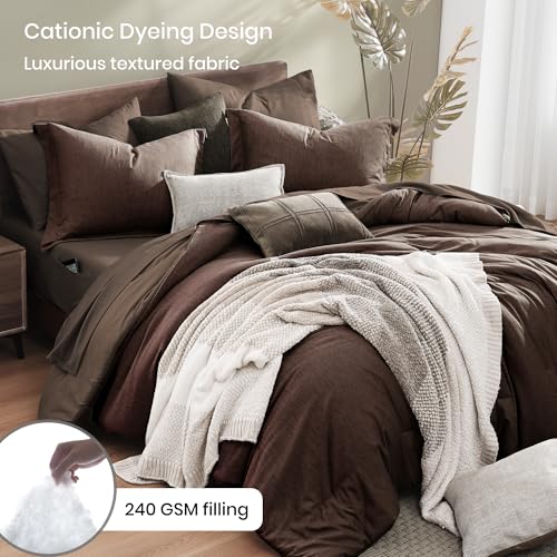 Image of Monbix Queen Comforter Set - 7 Pieces Cationic Dyeing Chocolate Brown Bed in a Bag Queen Bedding Sets with Comforter, Sheets, Pillowcases & Shams, Reversible Bedding Comforters Sets