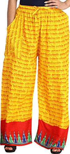 Pantalon de yoga Exotic India jaune citron et rouge à motifs mantras et poches