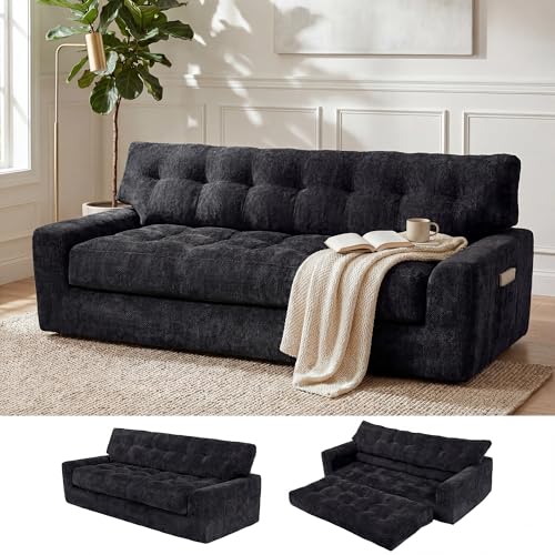 Image of MONVANE 75.6 inch Convertible 3 Seater Sofa, 2-in-1 Boneless Sleeper Sofa Bed with Storage Pocket, Comfy Chenille Deep Seat Boneless Couch for Living Room, No Assembly Required, Black
