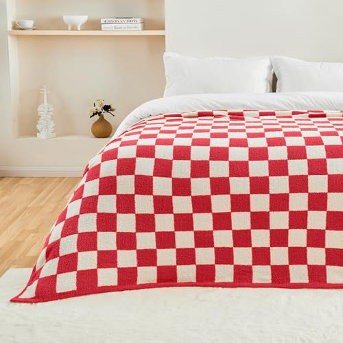 Image of CozeCube Christmas Red Reversible Checkered Knit Throw Blanket 50 inchx60 inch