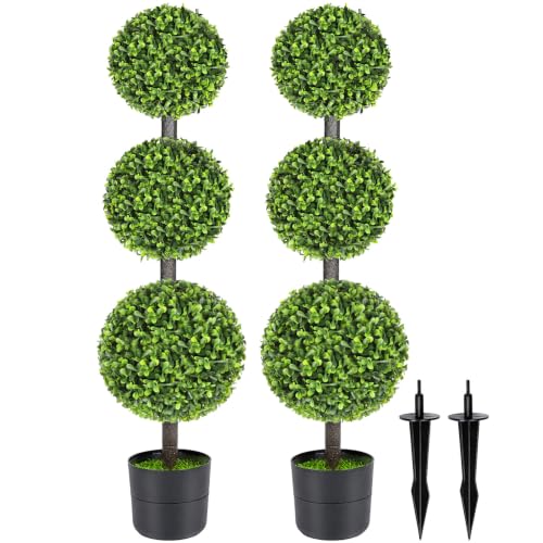 2 Pack 3FT Realistic Artificial Boxwood Triple Ball Topiary Tree with Pot/Ground Stake, UV-Resistant Faux Topiary Plant, Indoor Outdoor Realistic Faux Greenery for Home, Front Porch,Patio,Yard Decor