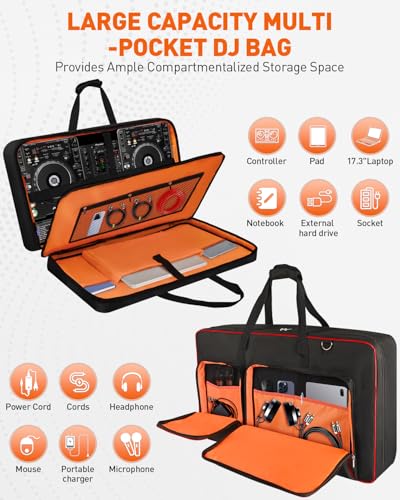 Image of DJ Controller Case For DDJ-FLX10 / DDJ-GRV6 /FLX6 / REV5 / REV7 /1000 / SC LIVE 4，Large Padded Shockproof DJ Gig Bag With 17.3 inch Laptop Compartment, Multi-Pocket For Storing DJ Controller And Accessories
