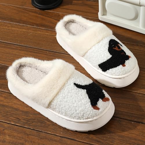 ZNEL Hausschuhe Schwarz Dackel Muster Karikatur Tier Dicke Sohle,Pantoffeln Memory Foam Kuschelige Plüsch Pantoffel Paar Indoor Haushalt(38/39 EU, White)