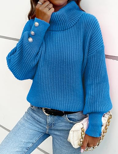 Image of Libsorge Women's Dressy Oversized Turtleneck Sweaters Fall 2024 Casual Winter Ribbed Knit Button Long Sleeve Pullover Sweater Blue S