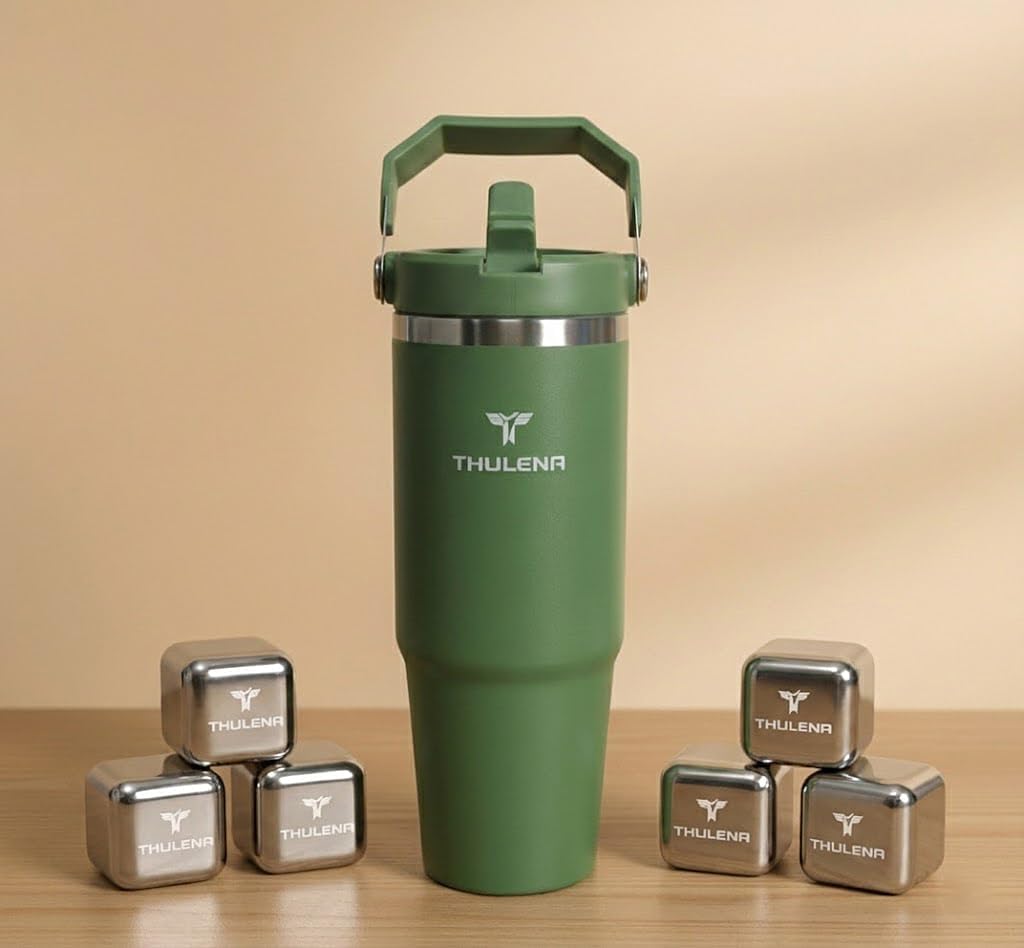 POWERSIP - 30 oz Premium Stainless Steel Water Bottle with Top Handle and six free metal ice cubes – Stay hydrated all day - perfect for workouts, travel, or everyday (Light Blue)