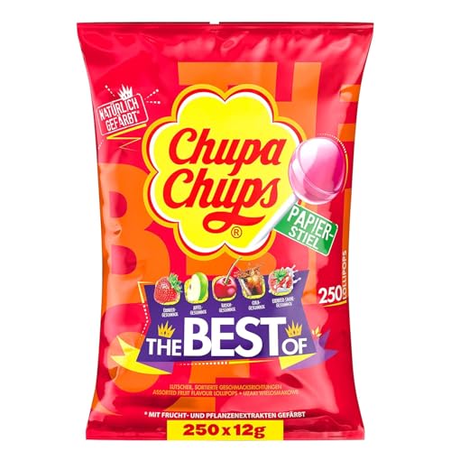 Chupa Chups Best of Lutscher-Beutel, Beutel enthält 250 Lollis in 6 Geschmacksrichtungen wie Cola, Erdbeere, Kirsch, Apfel, geeignet für Geburtstag, 250 x 12g