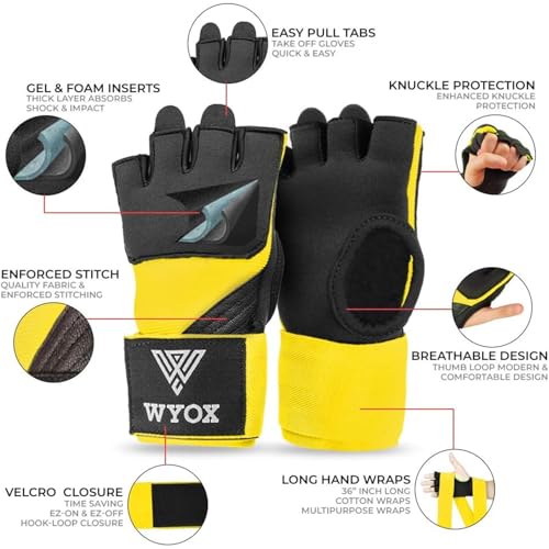 Image of WYOX Neoprene Gel Boxing Hand Wraps Inner Gloves for Men & Women - 80cm /31in Quick Wrist Strap, Padded Knuckle Protection, Fingerless MMA Muay Thai Kickboxing Wraps for Training & Martial Arts