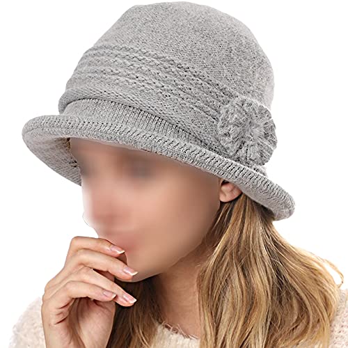 Winter Fall Wool Knit Cloche Hat 1920 Vintage Beanie Cap Church Bucket Hat For Women Ladies Light Grey #TOP1
