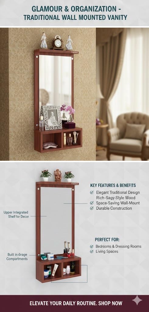 Captiver Engineered Wood Frameless Rectangular Wall Mounted Dressing Mirror Table 2 Storage Box Shelf (Finish, Teak) II Bathroom Cabinet Organiser Accessories Decorative Unframed 1