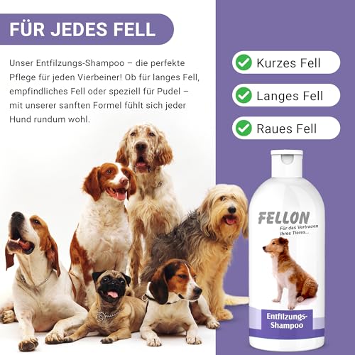 Fellon Entfilzungsshampoo für Hunde – Sanfte, pH-neutrale Pflege für leichtes Entfilzen – Biologisch – Für alle Rassen, Langhaar & Kurzhaar – Verhindert Verfilzungen & Juckreiz – 500 ml