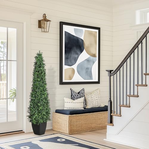 Artificial Boxwood Topiary Trees - Cone Shape Fake Plant with Modern Black Planter, 5FT Faux Outdoor Plants for Indoor Front Porch Plants Set of 2