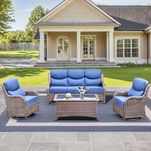 Luxury High Back Outdoor Furniture with 6-Inch Thick Cushions, Patio Furniture Set with Swivel Chairs, 4 PCS Wicker Conversation Set for Porch, Balcony, Deck and Yard