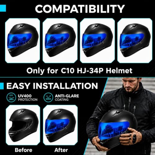 Image of PSLER Shatterproof Motorcycle Helmet Visor for HJ-34P C10,Deep Blue