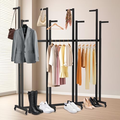 jvsufuik 8 Arm Retail Clothing Rack, Metal Clothing Display Rack for Hanging Clothes, Adjustable Height Shirt Clothes Display Stand Garment Rack with Wheels for Boutiques, Black