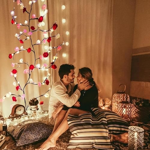 Image of LED Rose Flower String Lights with Remote Control & USB Plug, Decorative Vine Fairy Lights for Wall Decor, Bedroom, Wedding, Party, Home Decoration Lighting