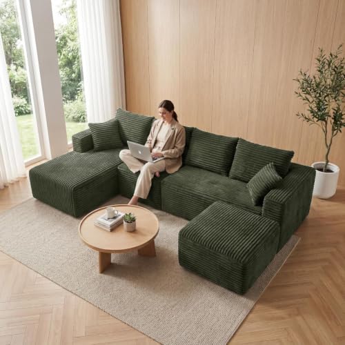 Image of 118 inch Modular Sectional Sofa with Chaise & Ottoman,Oversized U-Shaped Corduroy Cloud Couch,Deep Seat Boneless Couch for Living Room,No-Assembly,Green(Left Facing Chaise)