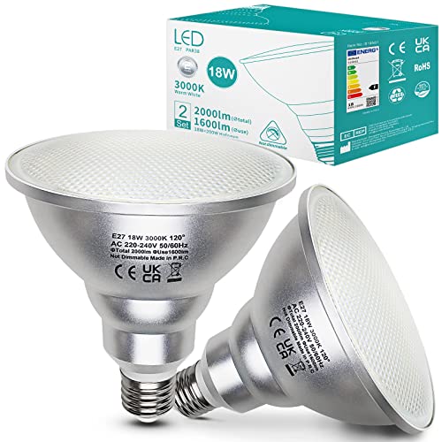 Unikcst 2er 18W LED Lampen E27 Par38 Warmweiß 3000K Reflektor Leuchtmittel Flood Strahler, Ersetzt Halogenlampe 180W, 120 Grad Abstrahlwinkel,Nicht Dimmbar