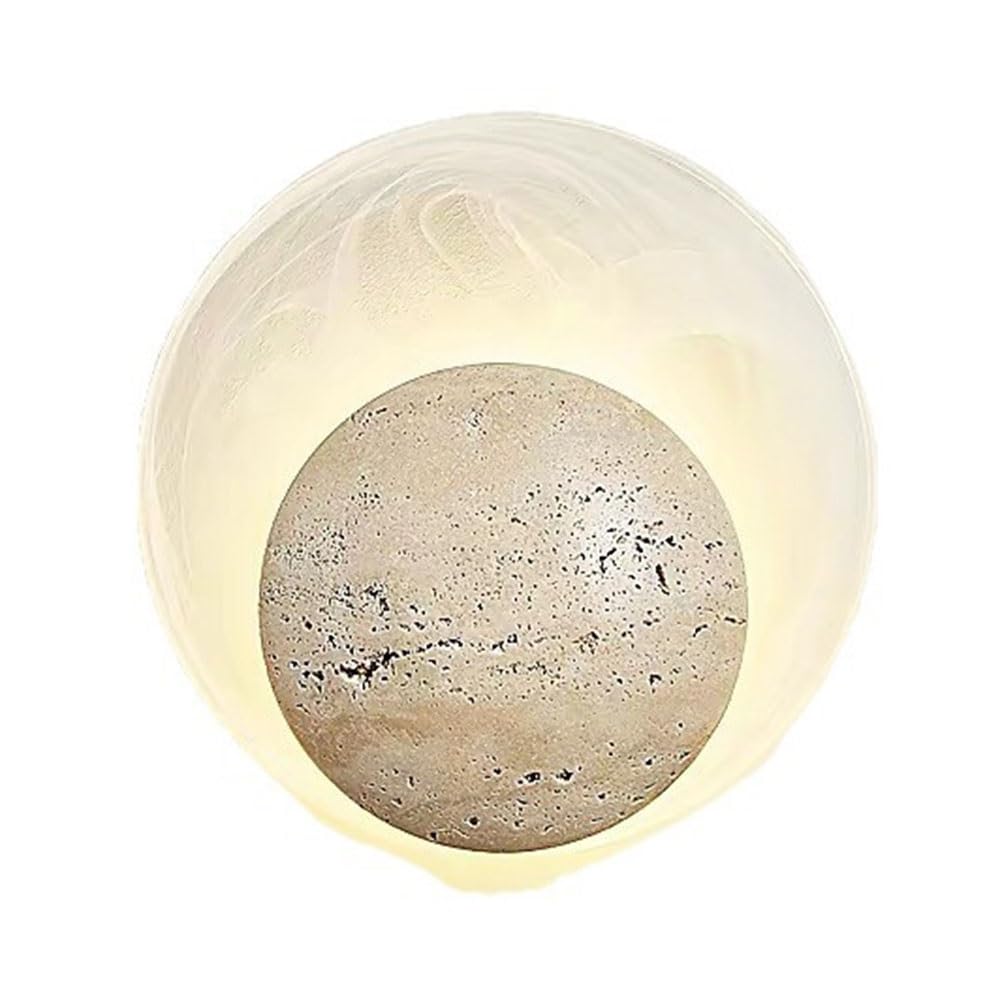 FEITENGDA Modern Minimalist Travertine Wall Sconce Japanese Circular Stone Wall Wall Lamp Round Artistic Glass Accent Wall Mount Light for Living Room Bedroom Hallway